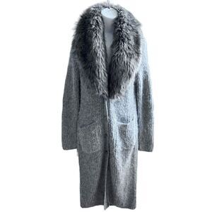 PENNY LANE Express Fuzzy Knit Faux Fur Collar Duster Cardigan Size XS
